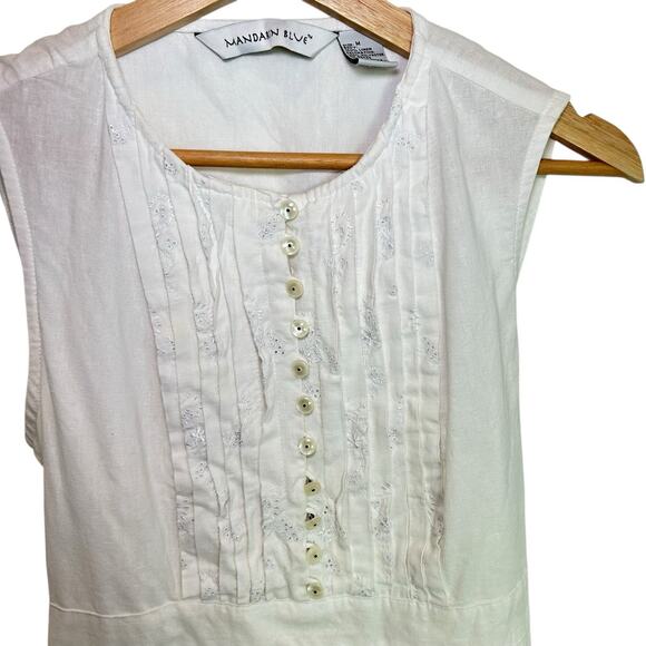 Mandarine Blue Linen White Eyelet Pin Tuck Top Medium Cottagecore Coastal - Picture 8 of 11